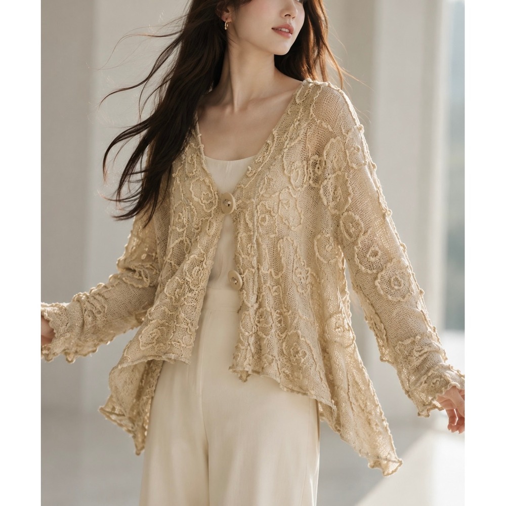 Jaskar Cardigan Women Large Beige Good Cotton Floral Lagenlook Open Knit Boho